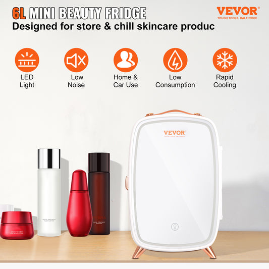 Vevor Mini Fridge For Bedroom, 6L Luxury Skin Care Fridges With Mirror And LED Light, AC DC Cosmetic Fridge For Office Dorm Car, Small Makeup Refrigerator For Beauty Face Mask Beverage Chill, White ShopWithASmile7.com