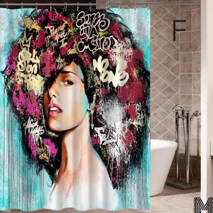 Art Design Graffiti Art Hip Hop African Girl with Black Hair Big Earring with Modern Building Shower Curtain for Bathroom Decor ShopWithASmile7.com