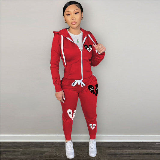 Zipper Printed Casual Hooded Sweater Set