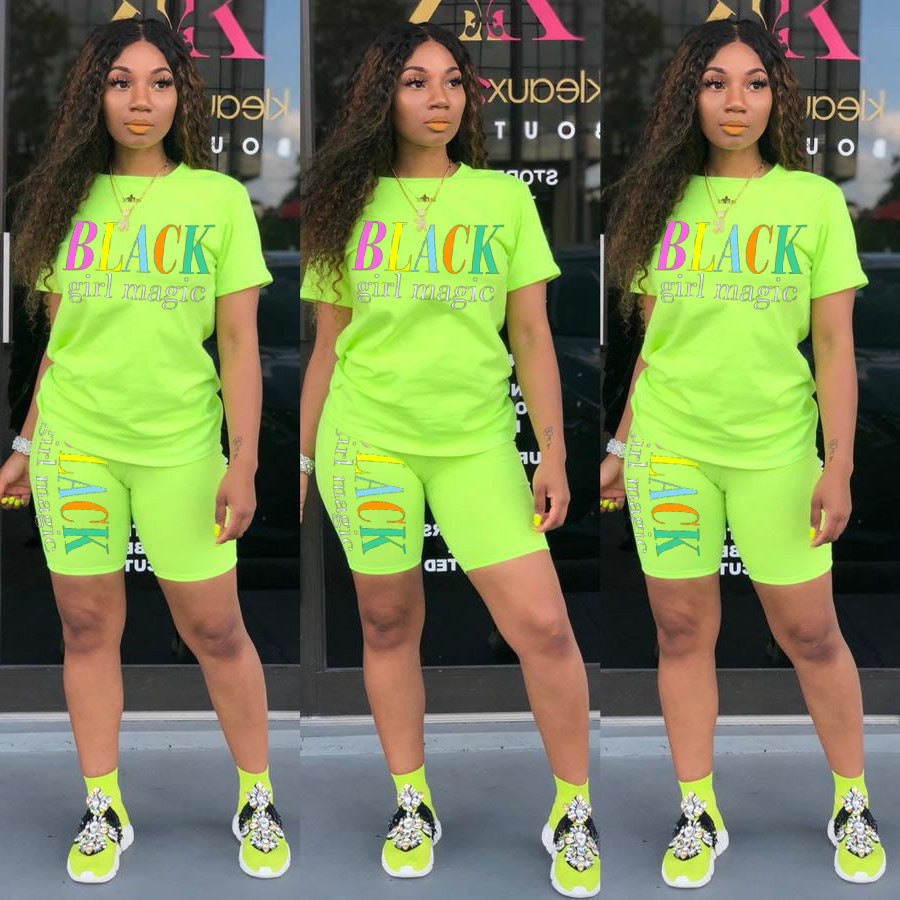 Two-piece multicolor short-sleeved shorts with letters ShopWithASmile7.com