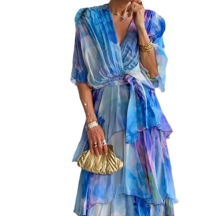 European And American Printing Layered Dress ShopWithASmile.com
