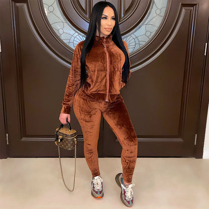 Fashion Sports And Leisure Solid Color Gold Velvet Long-Sleeved Women Pants Suit