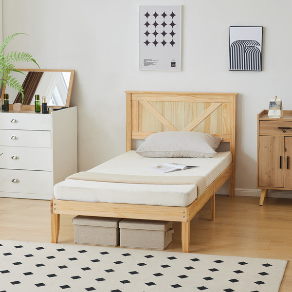 Slanted Headboard, No Footrest, Twin Wooden Bed In Natural Wood Color