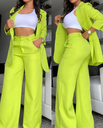 Plain Color Sleeve Lapel Suit Pocket Straight-leg Pants Suit ShopWithASmile7.com