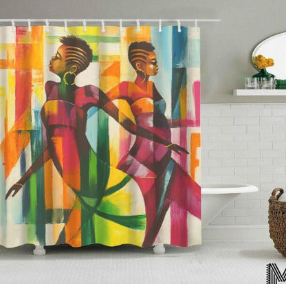 Art Design Graffiti Art Hip Hop African Girl with Black Hair Big Earring with Modern Building Shower Curtain for Bathroom Decor ShopWithASmile7.com