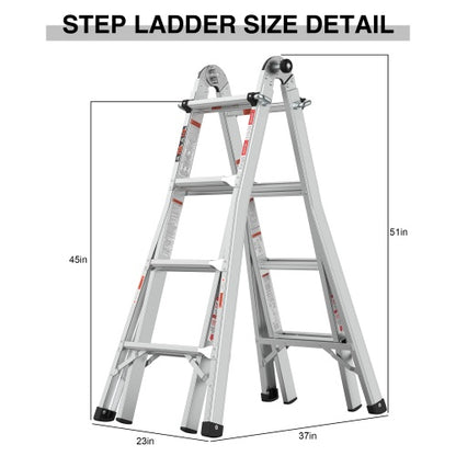 17ft Multi-Position Foldable Aluminum Ladder, A-Frame And Straight Ladder, ANSI 250lbs
