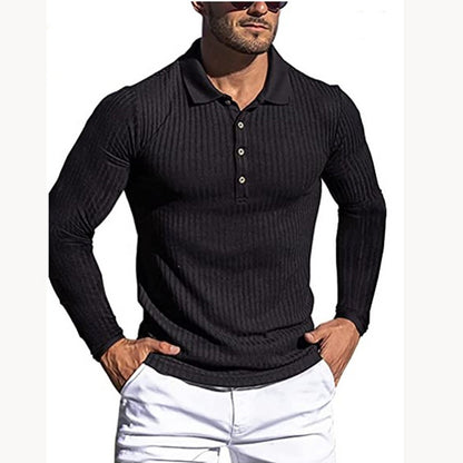 Men's Running Sports Fitness High Stretch Striped Long Sleeve POLO Shirt