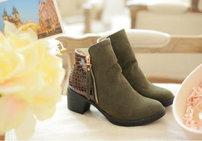 Rough leather low boots high heel women's boots side zip large size women's shoes