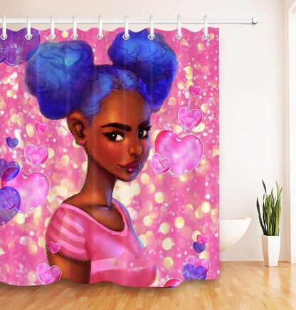 Art Design Graffiti Art Hip Hop African Girl with Black Hair Big Earring with Modern Building Shower Curtain for Bathroom Decor ShopWithASmile7.com