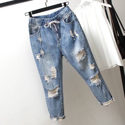 Middle School Students Plus Size Women's Ripped Jeans Summer New Fat MM200 Catties Loose And Thin Nine-Point Pants