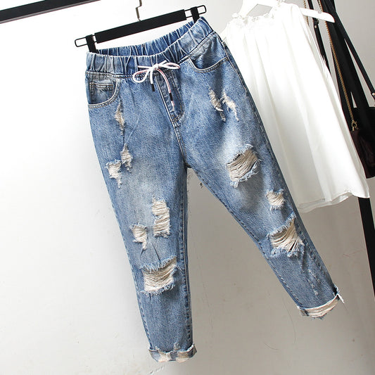 Middle School Students Plus Size Women's Ripped Jeans Summer New Fat MM200 Catties Loose And Thin Nine-Point Pants