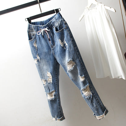 Middle School Students Plus Size Women's Ripped Jeans Summer New Fat MM200 Catties Loose And Thin Nine-Point Pants