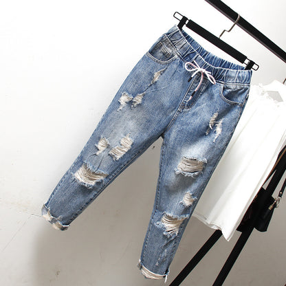 Middle School Students Plus Size Women's Ripped Jeans Summer New Fat MM200 Catties Loose And Thin Nine-Point Pants
