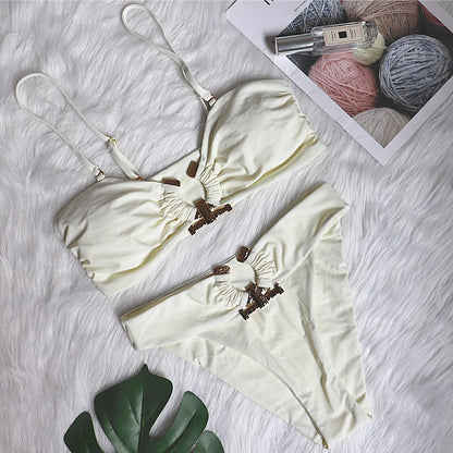 Solid Color Tube Top High Waist Swimsuit Metal Accessories Women'S Swimwear ShopWithASmile7.com