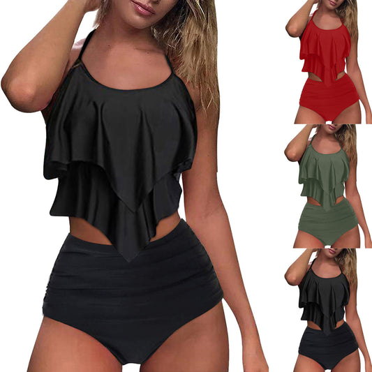 High-Waisted Ruffled Split Bikini