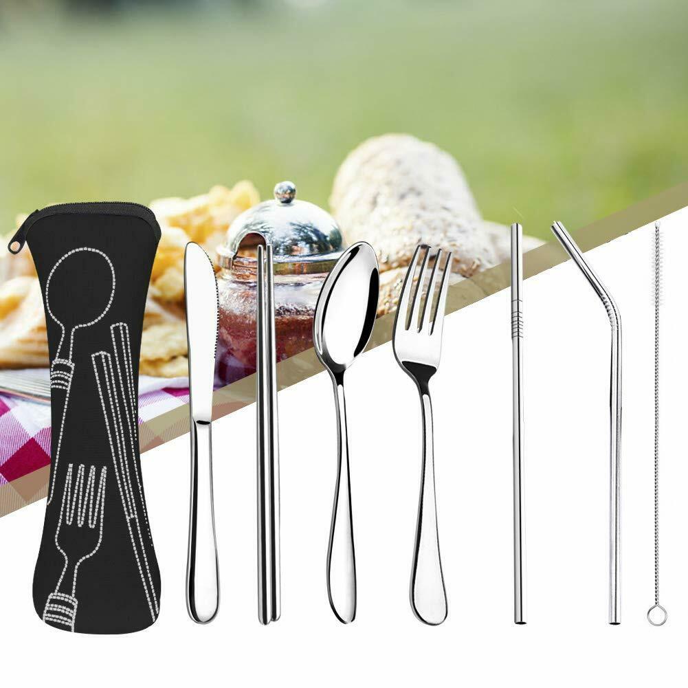 Stainless Steel Portable Cutlery Set, Knife, Fork, Spoon, Chopsticks And Straw Seven-piece Set