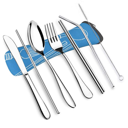 Stainless Steel Portable Cutlery Set, Knife, Fork, Spoon, Chopsticks And Straw Seven-piece Set