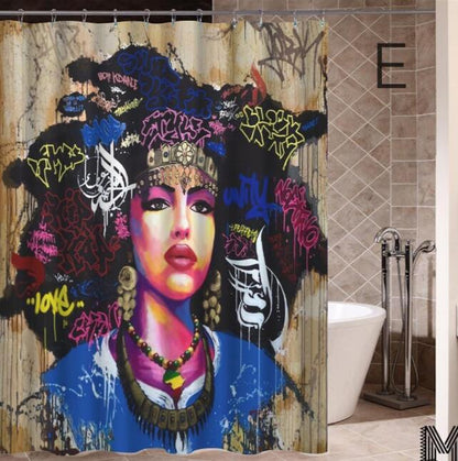 Art Design Graffiti Art Hip Hop African Girl with Black Hair Big Earring with Modern Building Shower Curtain for Bathroom Decor ShopWithASmile7.com
