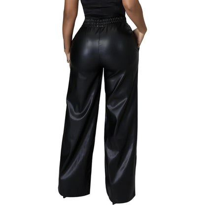 Women's Fashion Solid Color Loose Wide Leg Pocket PU Leather Pants