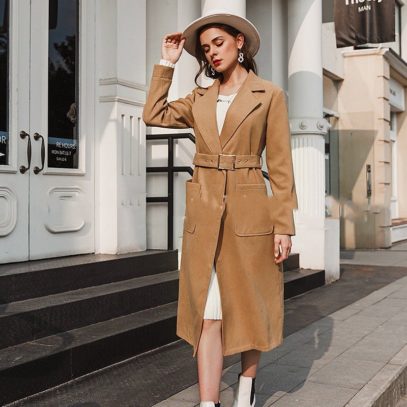 Mid-length slim-fit over-the-knee woolen coat