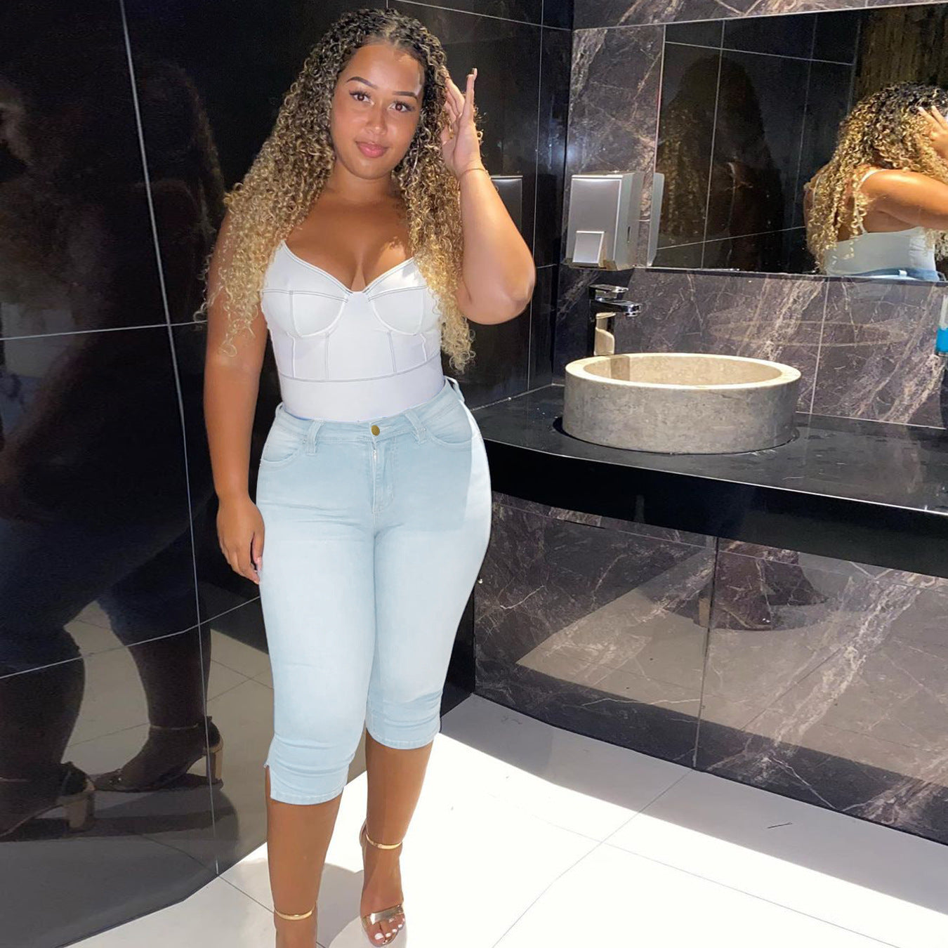 Women's Fashion Solid Color High Waist Slim Denim Cropped Pants