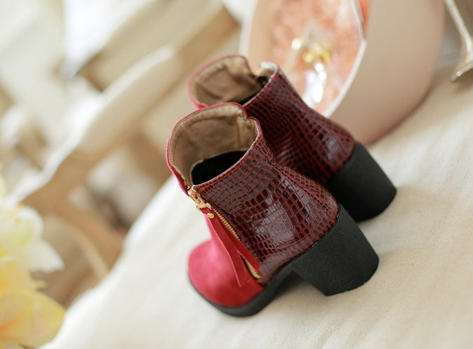 Rough leather low boots high heel women's boots side zip large size women's shoes