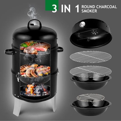 47x41.5x82cm Black, Double-walled, Cylindrical, Smoker, Charcoal Grill