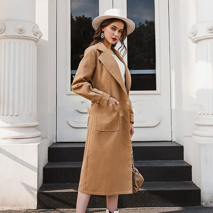 Mid-length slim-fit over-the-knee woolen coat