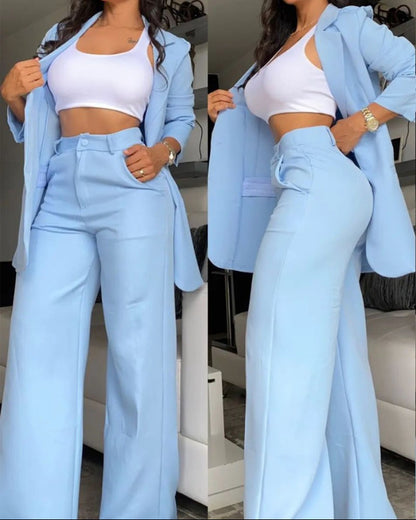 Plain Color Sleeve Lapel Suit Pocket Straight-leg Pants Suit ShopWithASmile7.com
