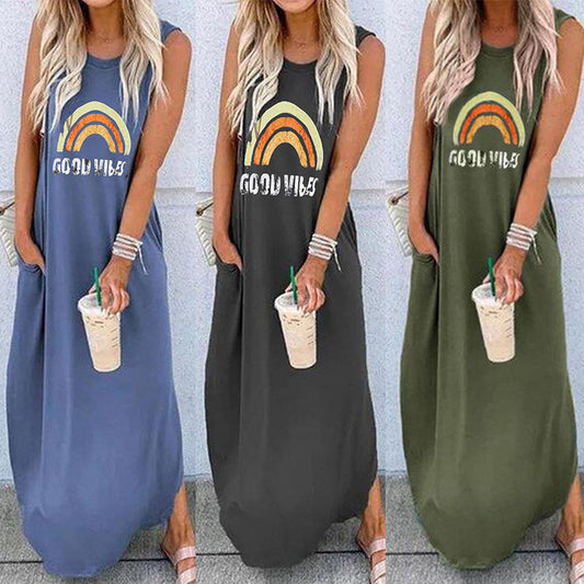 Women's Round Neck Short Sleeve Loose Mid Length Dress