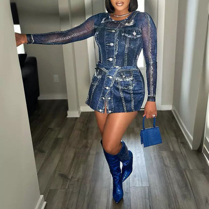 Women's Denim-like Printed Long-sleeved Jumpsuit ShopWithASmile7.com