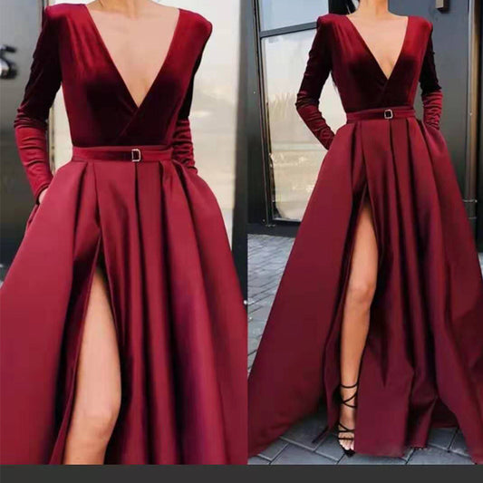 Women's Deep V Long Sleeve Wine Red  Dress