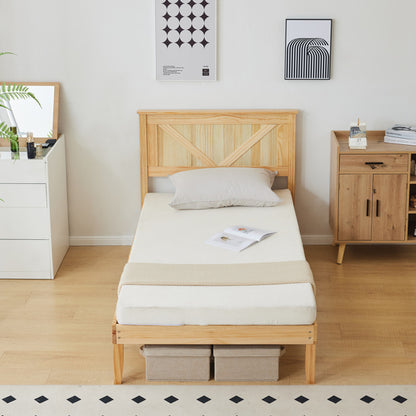 Slanted Headboard, No Footrest, Twin Wooden Bed In Natural Wood Color