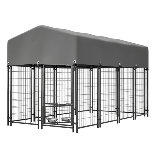 Dog Kennel Outdoor With Roof, 4.23'x7.81'x4.83' Welded Wire Enclosure, Heavy Duty Dog Crate With UV-Resistant Waterproof Cover, Double Lock & Rotating Feeder For Medium/Large Dogs