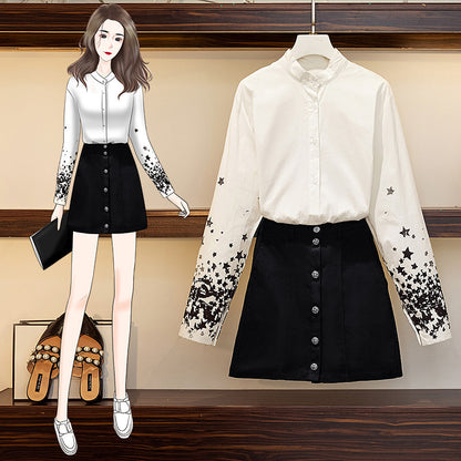 Two-piece suit with high waist and slim denim skirt