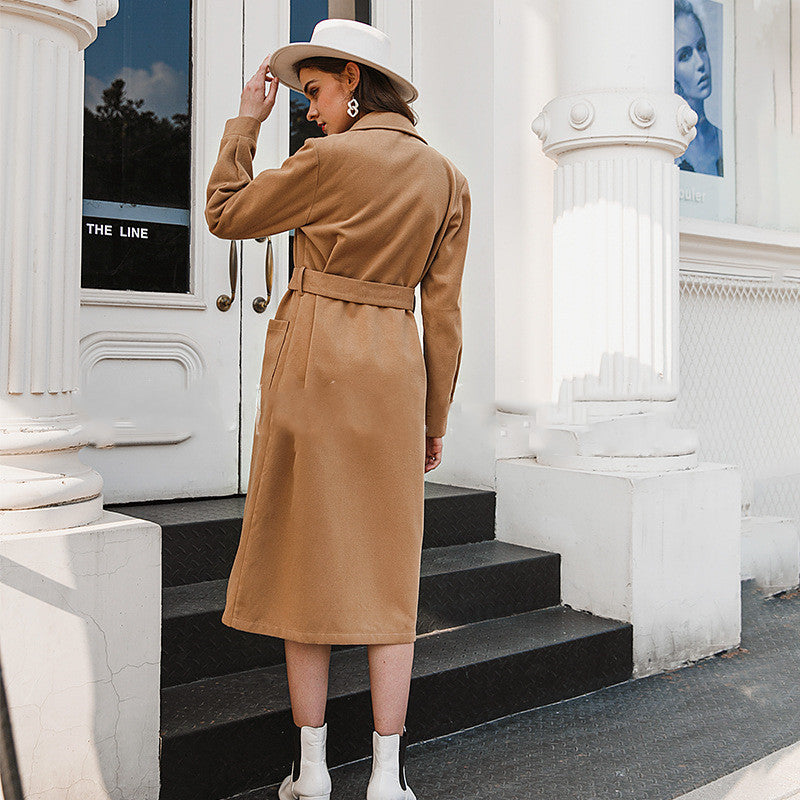 Mid-length slim-fit over-the-knee woolen coat