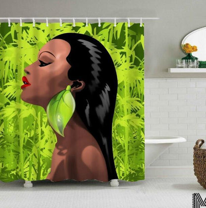 Art Design Graffiti Art Hip Hop African Girl with Black Hair Big Earring with Modern Building Shower Curtain for Bathroom Decor ShopWithASmile7.com