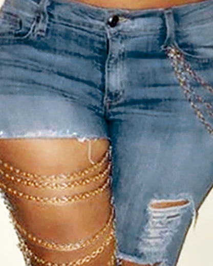 Fashionable Ripped Chain Jeans – Light Wash, High-Stretch Denim, Slim Fit Pencil Pants for Women
