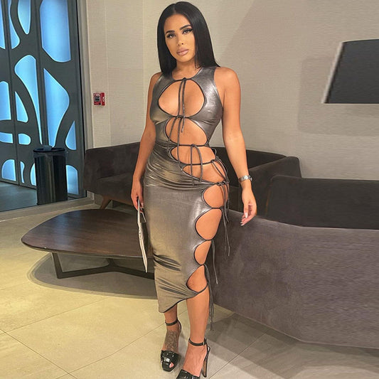 Women's Fashion Hollow Lace-up Solid Color Sleeveless Dress
