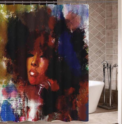 Art Design Graffiti Art Hip Hop African Girl with Black Hair Big Earring with Modern Building Shower Curtain for Bathroom Decor ShopWithASmile7.com