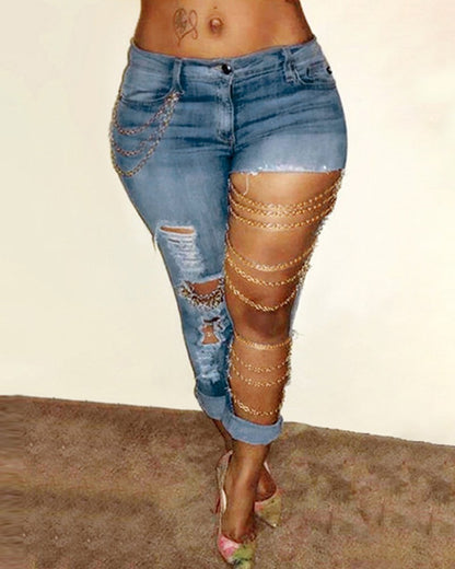 Fashionable Ripped Chain Jeans – Light Wash, High-Stretch Denim, Slim Fit Pencil Pants for Women