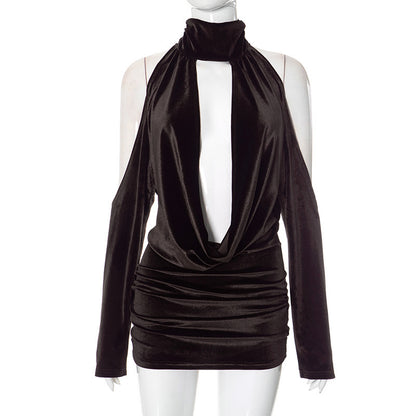 Halter Swing Collar Backless Sexy Velvet Dress