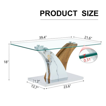 Rectangular Coffee Table.Tempered Glass Countertop, And Artistic MDF Legs,perfect For Hosting Dinners, Conferences, Home, And Office Decorations.White And Wood,Dining Table,Tea Table.Coffee Table.