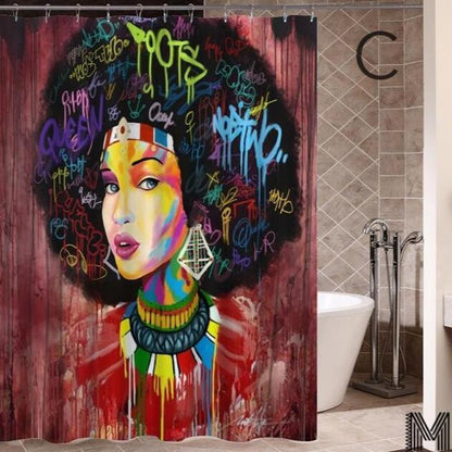 Art Design Graffiti Art Hip Hop African Girl with Black Hair Big Earring with Modern Building Shower Curtain for Bathroom Decor ShopWithASmile7.com