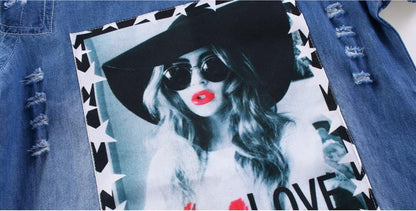 Children's casual cartoon print denim strapless dress