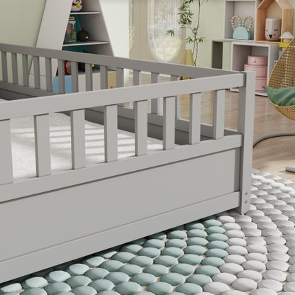 Full Size Floor Bed, Integral Construction With Super High Security Barrier, Door, Children's Floor Bed Frame, Montessori Wooden Children's Floor Bed, Support Slat White