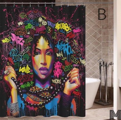 Art Design Graffiti Art Hip Hop African Girl with Black Hair Big Earring with Modern Building Shower Curtain for Bathroom Decor ShopWithASmile7.com