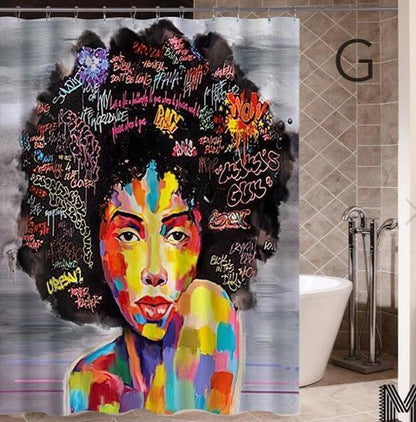 Art Design Graffiti Art Hip Hop African Girl with Black Hair Big Earring with Modern Building Shower Curtain for Bathroom Decor ShopWithASmile7.com