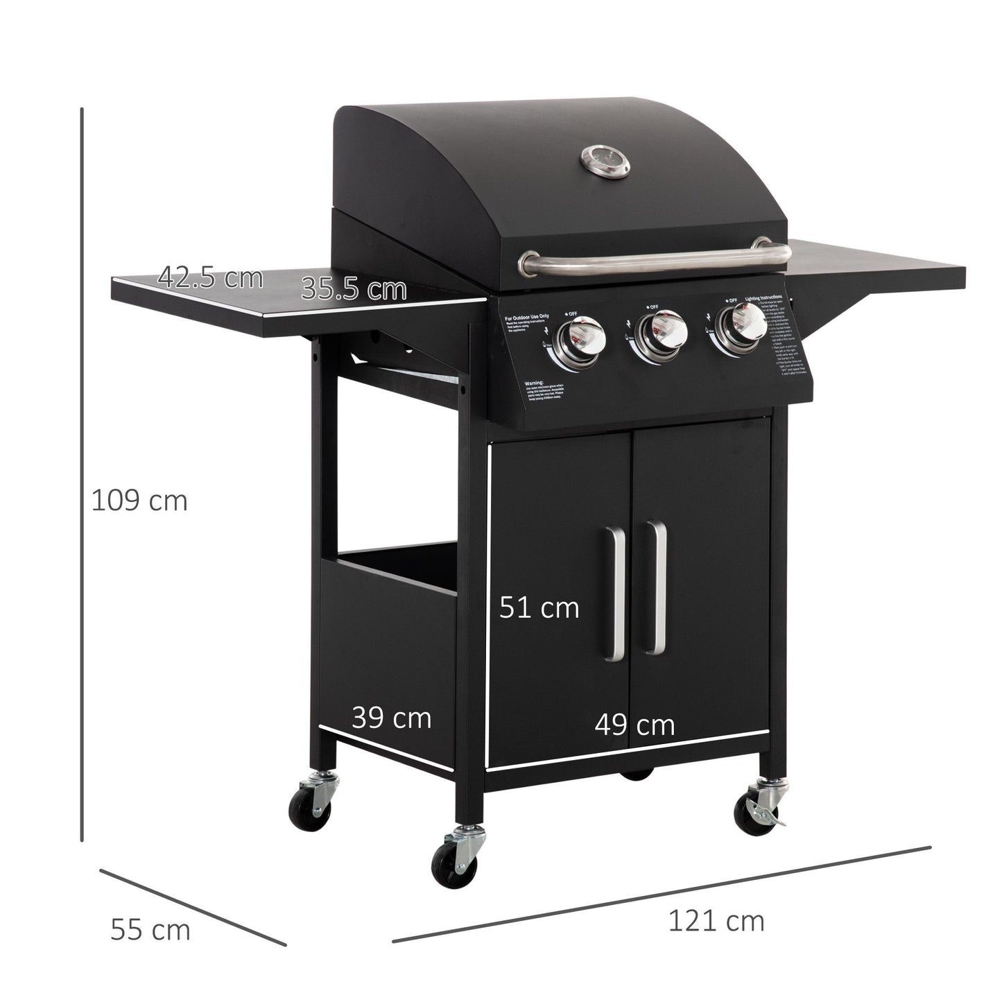 Outsunny 3 Burner Gas BBQ Grill Outdoor Portable Barbecue Trolley W Warming Rack, Side Shelves, Storage Cabinet, Thermometer, Carbon Steel, Black