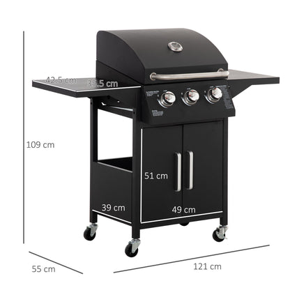 Outsunny 3 Burner Gas BBQ Grill Outdoor Portable Barbecue Trolley W Warming Rack, Side Shelves, Storage Cabinet, Thermometer, Carbon Steel, Black